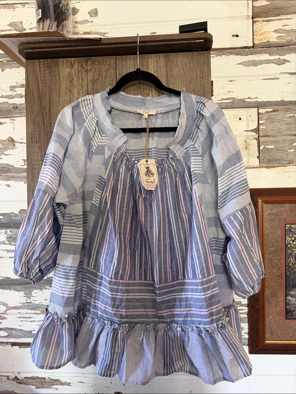 easel Blue and Pink Striped Ruffle-Hem Tunic Top
